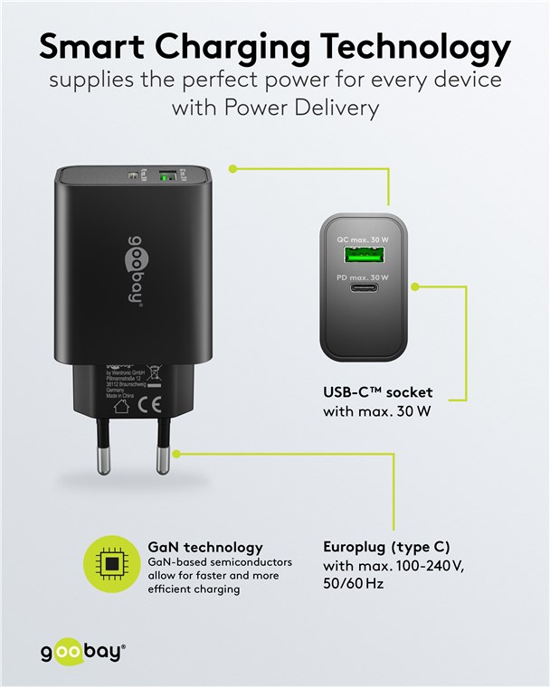 USB-Netzteil Goobay 1xUSB-C 1xUSB-A 30W PD GaN schwarz
