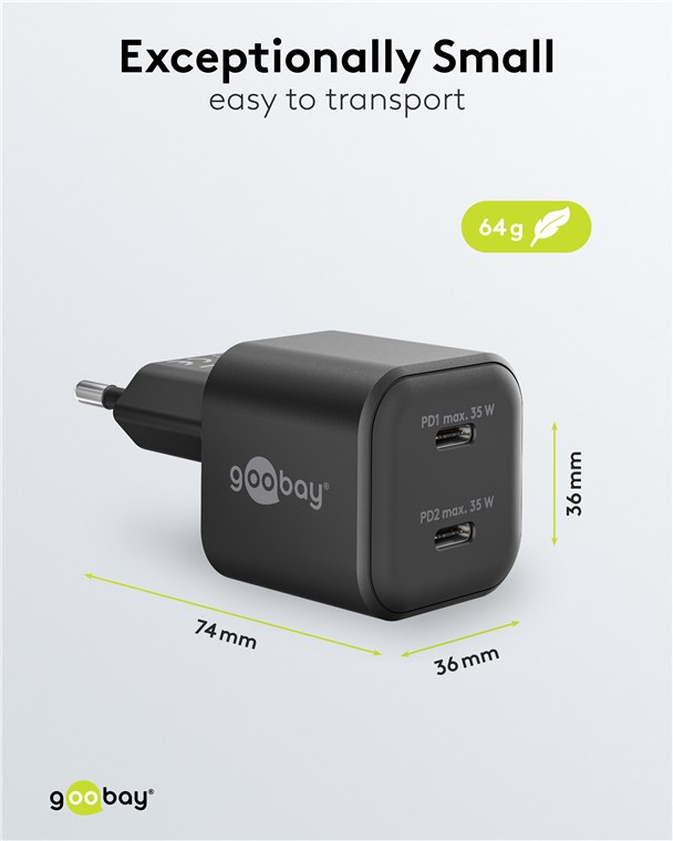 USB-Netzteil Goobay 2xUSB-C 35W PD GaN schwarz