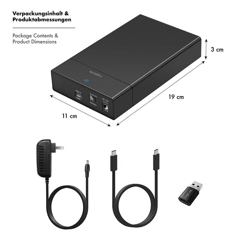 Gehäuse LogiLink 3,5-Zoll- SATA USB3.2 USB-C/-A schwarz