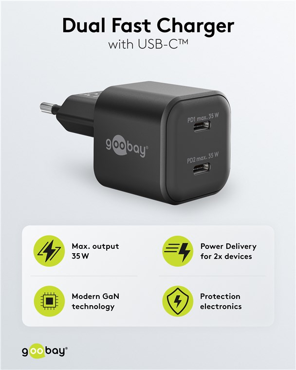 USB-Netzteil Goobay 2xUSB-C 35W PD GaN schwarz