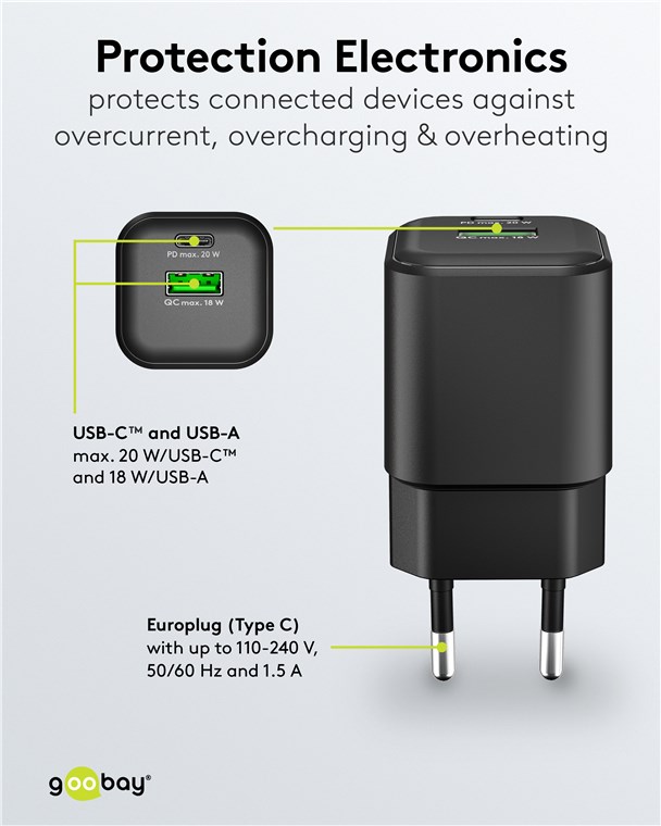 USB-Netzteil Goobay 1xUSB-C 1xUSB-A 20W PD GaN schwarz