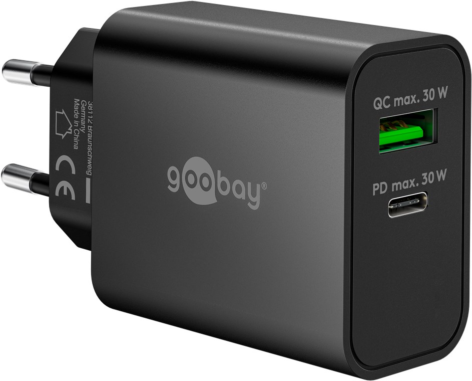 USB-Netzteil Goobay 1xUSB-C 1xUSB-A 30W PD GaN schwarz