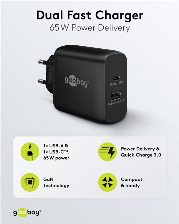 USB-Netzteil Goobay 1xUSB-C 1xUSB-A 4,0A 65W PD GaN schw.