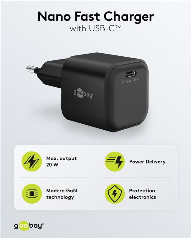 USB-Netzteil Goobay 1xUSB-C 20W PD GaN schwarz