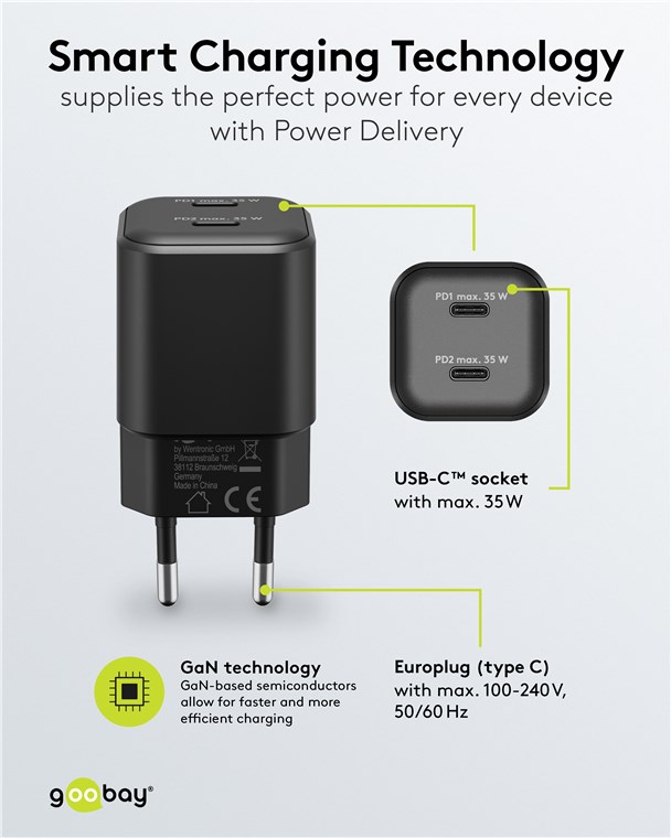 USB-Netzteil Goobay 2xUSB-C 35W PD GaN schwarz
