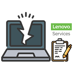 Bild eines gebrochenen Laptops mit Block und Stift daneben – Lenovo Garantieformular für Garantie- und Gewährleistungsfälle.