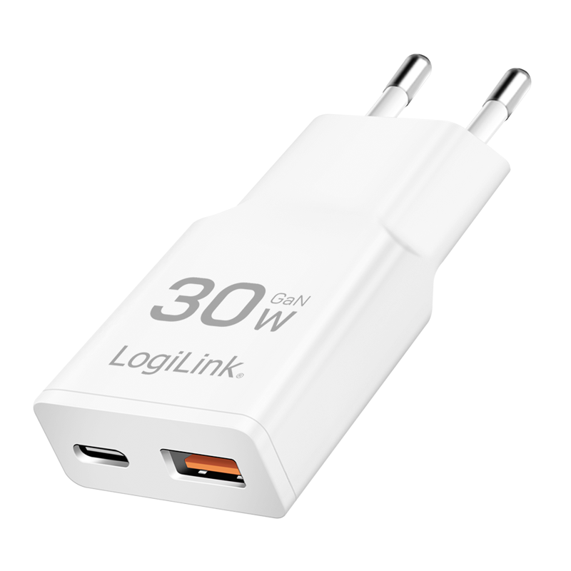 USB-Netzteil LogiLink 1xUSB-C 1xUSB-A 30W PD GaN weiß