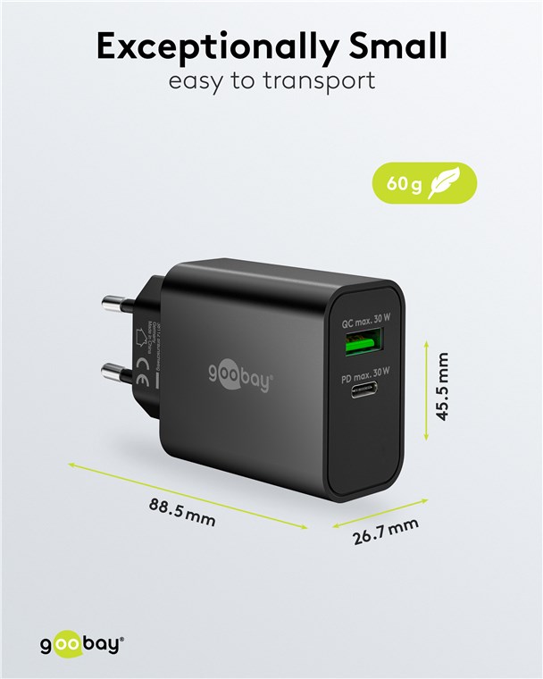 USB-Netzteil Goobay 1xUSB-C 1xUSB-A 30W PD GaN schwarz
