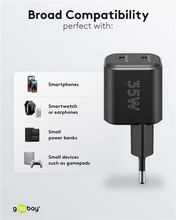 USB-Netzteil Goobay 2xUSB-C 35W PD GaN schwarz