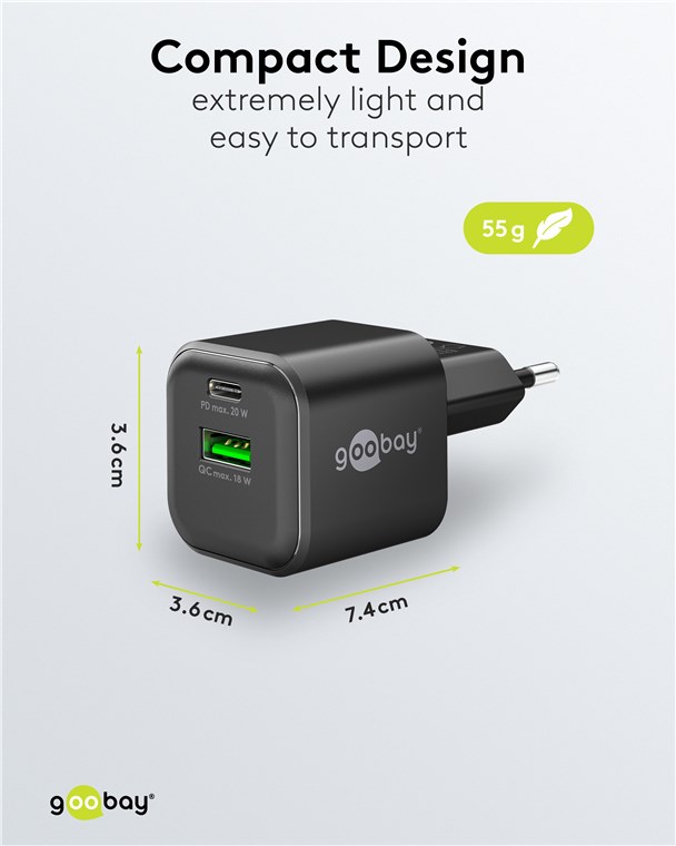 USB-Netzteil Goobay 1xUSB-C 1xUSB-A 20W PD GaN schwarz