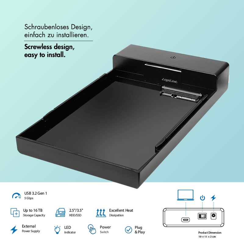 Gehäuse LogiLink 3,5-Zoll- SATA USB3.2 USB-C/-A schwarz