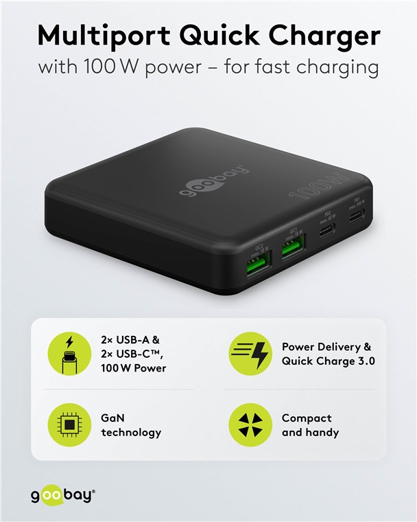 USB-Netzteil Goobay 2xUSB-C 2xUSB-A 100W PD GaN schwarz