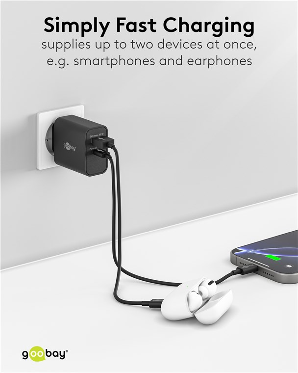 USB-Netzteil Goobay 1xUSB-C 1xUSB-A 30W PD GaN schwarz