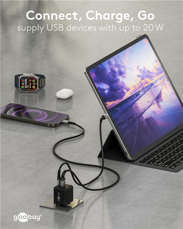 USB-Netzteil Goobay 1xUSB-C 1xUSB-A 20W PD GaN schwarz