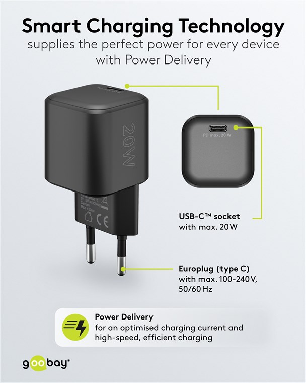 USB-Netzteil Goobay 1xUSB-C 20W PD GaN schwarz