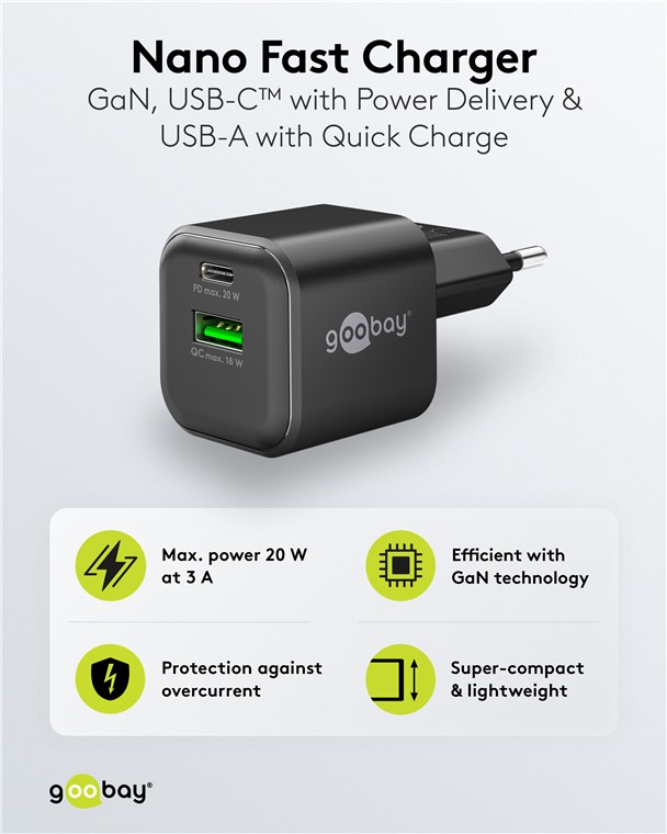 USB-Netzteil Goobay 1xUSB-C 1xUSB-A 20W PD GaN schwarz