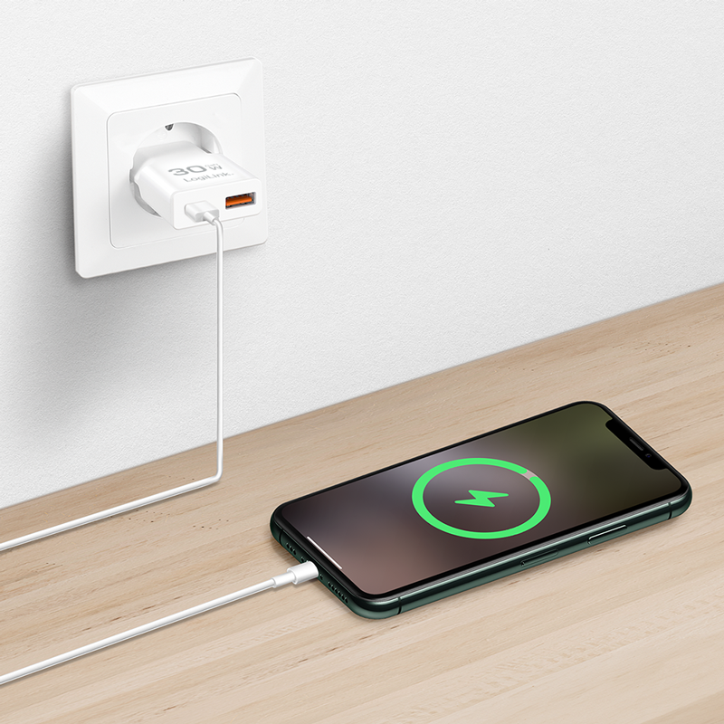 USB-Netzteil LogiLink 1xUSB-C 1xUSB-A 30W PD GaN weiß