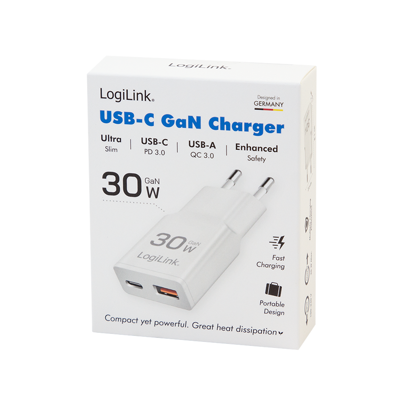 USB-Netzteil LogiLink 1xUSB-C 1xUSB-A 30W PD GaN weiß