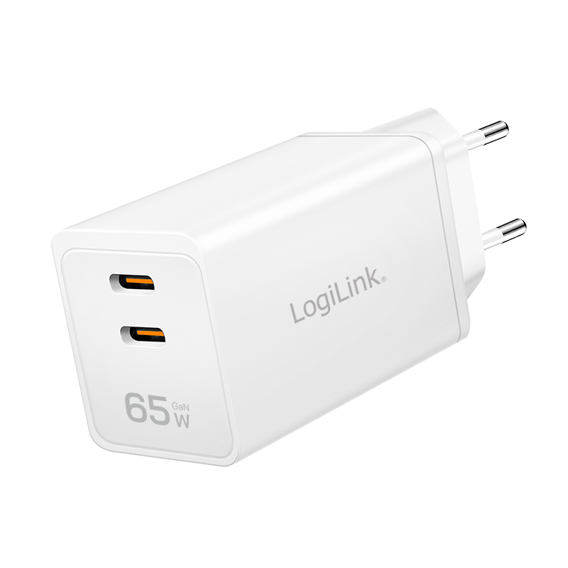 USB-Netzteil LogiLink 2xUSB-C 65W PD GaN weiß USB-Netzteil LogiLink 2xUSB-C 65W PD GaN weiß