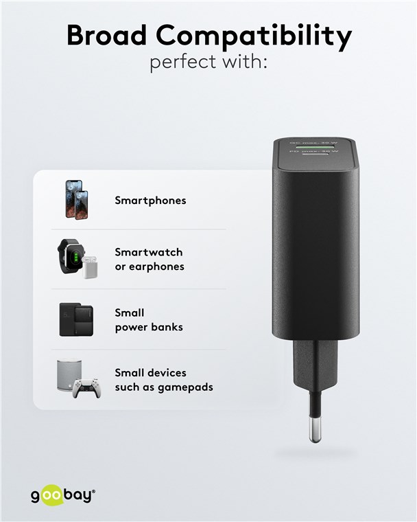 USB-Netzteil Goobay 1xUSB-C 1xUSB-A 30W PD GaN schwarz