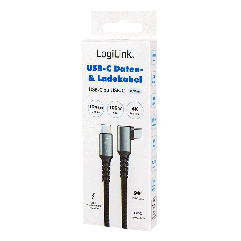 USB-Kabel LogiLink USB3.2 90° Type-C m/m 2,0m 100W 10GBit/s