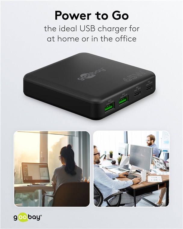 USB-Netzteil Goobay 2xUSB-C 2xUSB-A 65W PD GaN schwarz