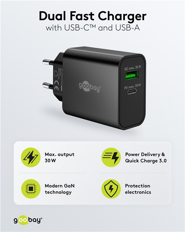 USB-Netzteil Goobay 1xUSB-C 1xUSB-A 30W PD GaN schwarz